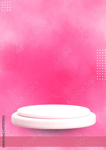 Minimalist 3D pedestal or product podium in white, set against a vibrant pink watercolor textured background. Features clean geometric accents with white dot patterns. Perfect for beauty product showc