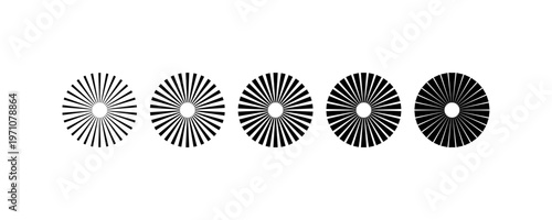 Geometric black and white sunburst patterns in circular design sequence.