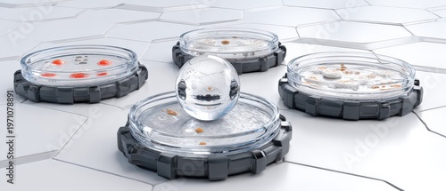 Red cells are floating in clear water inside a glass bowl with bubbles and gray shapes in a bright space