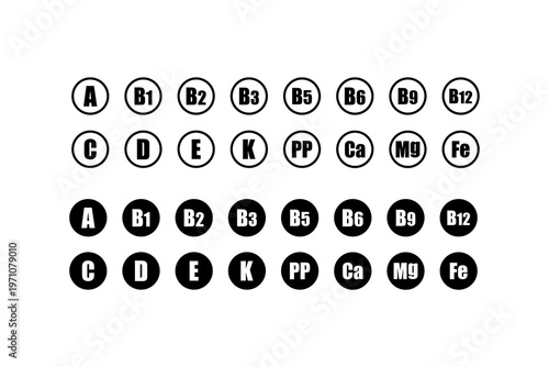 Essential vitamins and minerals including a, b1, c, d, e, k, and iron symbols.