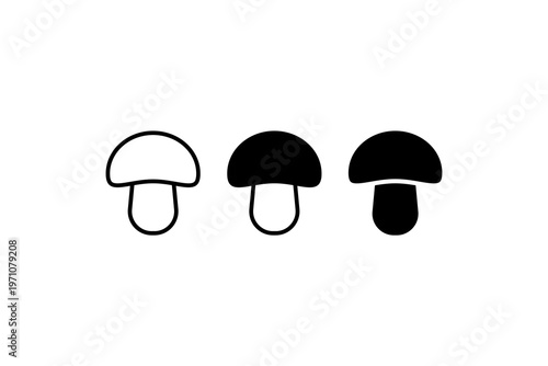 Simplistic black and white mushroom icons: outline, filled, and solid designs.