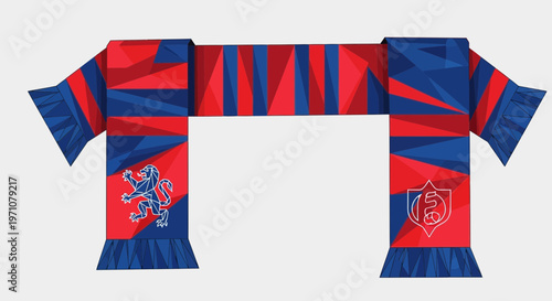 Team Scarf with Lion and Shield Logos, Red and Blue Geometric Pattern