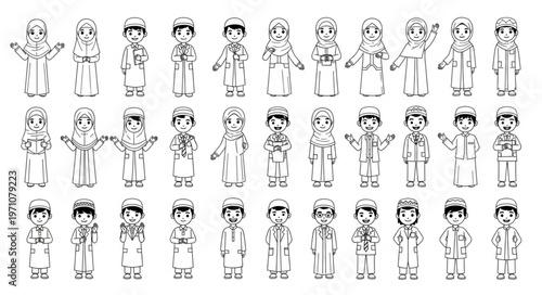 Collection of line art illustrations of people in various poses and outfits.