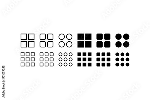 Abstract geometric patterns with squares and circles in black and white.