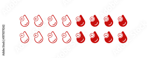 Red blood drops illustrating various blood types icons on white background.