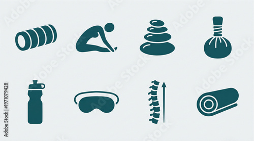 Comprehensive icon set for wellness and self-care activities, illustrating elements for holistic health, relaxation, fitness, and therapeutic practices
