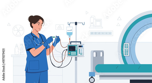 Nurse preparing medical equipment next to CT scanner and patient bed in hospital room