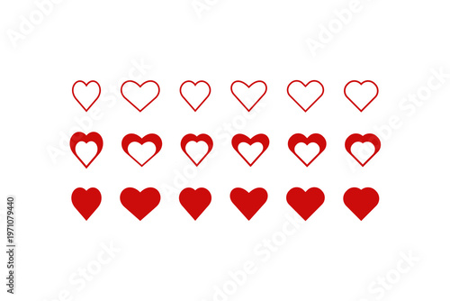 Rows of red and white heart shapes in various styles on white background.