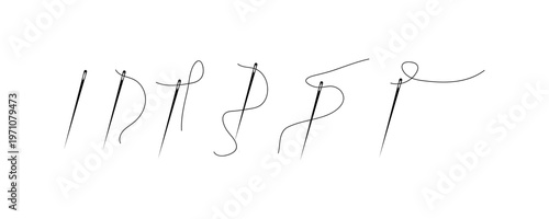 Minimalist line art of sewing needles with thread loops on white background.