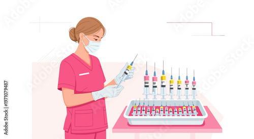 Nurse Preparing Syringes for Vaccination or Medical Treatment