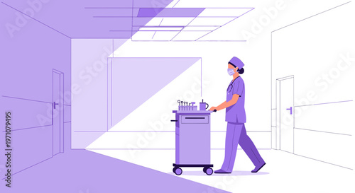 Nurse pushing medical cart in hospital corridor, healthcare professional in uniform and mask