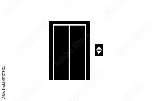 Closed elevator doors with up arrow button icon on white background.