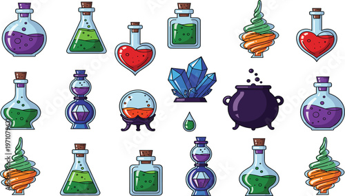 Magic Potion Bottles Set with Elixirs Heart Flasks Cauldron Crystals Vector