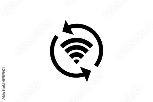 Black wireless signal with circular arrows on white background.