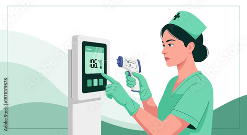 Nurse uses infrared thermometer to check temperature on digital screen, healthcare concept