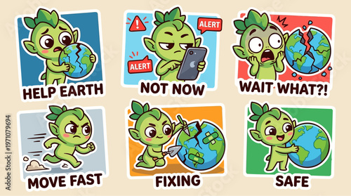 Green Creature Character Set Showing Environmental Earth Protection from Climate Crisis and Global Warming Problems with Urgent Action Fixing the Planet and Saving the World for Sustainable Life