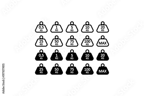 Set of weight icons in various measurements for scales or gym.