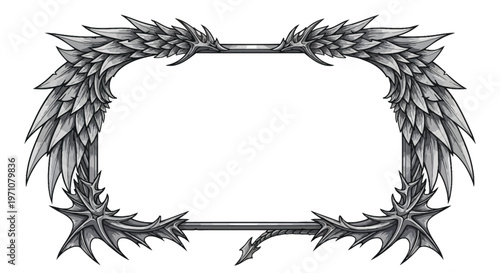 A detailed illustration of a dragon-inspired frame with sharp edges and spikes on a white background