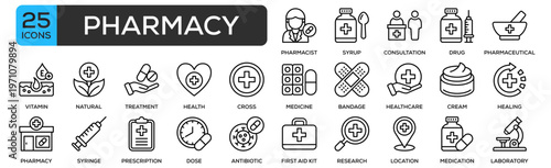 Pharmacy Icon Set Collection. Containing Design Pharmacy, Cross, Consultation, Bandage, Pharmaceutical 