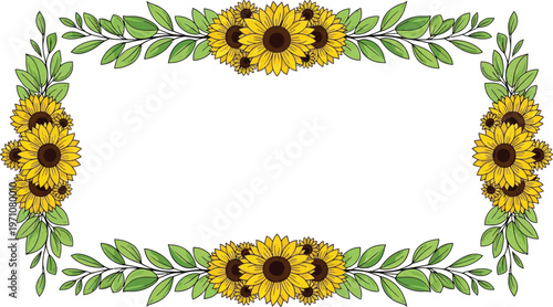 A beautiful floral border of sunflowers and green leaves on a white background