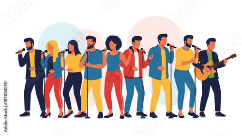 Group of diverse singers and a guitarist performing on stage with microphones, representing a musical band or choir during a live concert event.