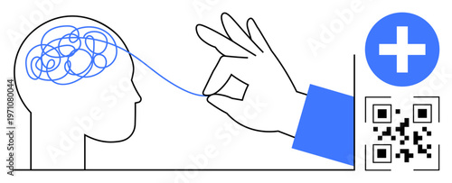 Mental health, medical support, therapy, modern diagnostics, QR technology, healthcare access. Hand untangling brain sketch with a blue cross and QR code. Mental health and medical support