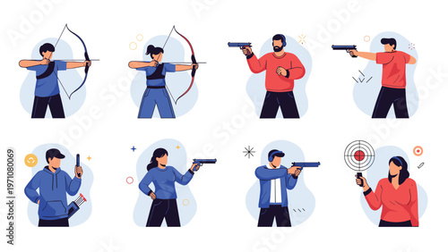 Collection of people practicing various shooting sports including archery with bows and target shooting with pistols in different active poses.