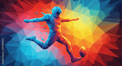 Abstract low poly football player kicking ball, dynamic motion, vibrant colorful background