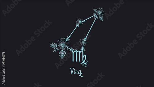 Zodiac sign Virgo constellation symbol decorated with delicate blue flowers and leaves on a dark background for astrology and horoscope themes.