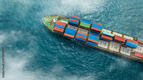 Aerial view of the freight shipping transport system cargo ship container. international transportation Export-import business, logistics, transportation industry concepts	