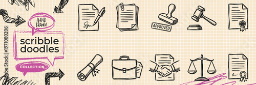 Hand Drawn Legal Justice and Law Doodle Icon Set with Balance Scale Judge Gavel Briefcase and Contract Document Sketches for Authority and Rule Vector EPS