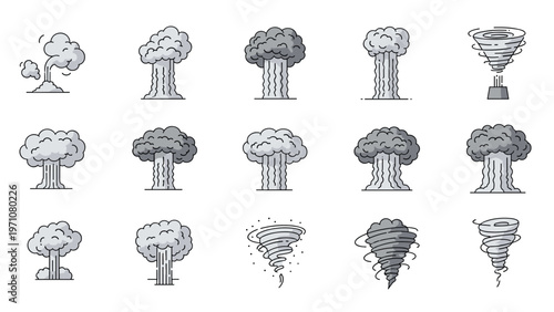 Set of stylized gray explosion clouds and tornado symbols in various shapes and sizes, suitable for weather reports or comic book illustrations.
