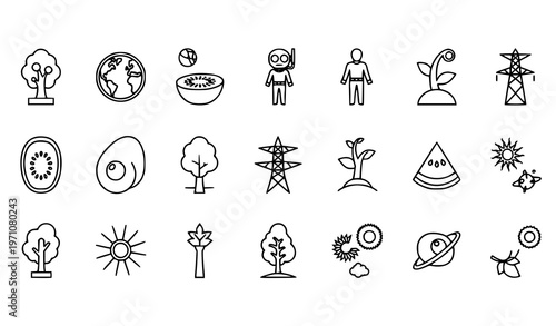 Nature outline icons set with earth tree fruits solar system and eco elements editable vector collection