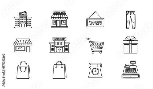 Store outline icons set with shop mall shopping cart bag and retail elements vector collection