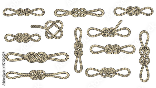 Collection of various nautical rope knots and loops in a realistic hand drawn style, perfect for maritime, sailing, and decorative marine themes.
