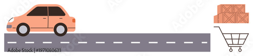 Logistics, delivery service, shopping, transportation, courier service, e-commerce. Car on a road, shopping cart with boxes. Logistics and delivery service concepts