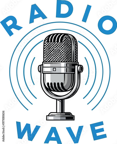 A logo featuring a microphone with radio wave lines and the words 'Radio Wave' in blue text on a white background.