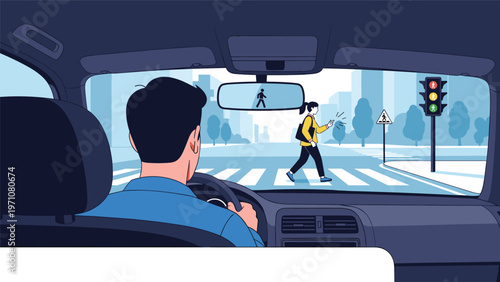 View from inside a car of a male driver approaching a pedestrian crossing where a woman is walking while looking at her mobile phone.