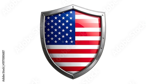 Free Download A metallic-bordered shield, showcasing the American flag design. Red and white stripes with a field of blue and white stars - GFXLoad