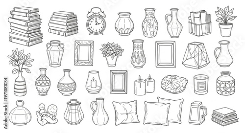 Collection of Hand-Drawn Vases and Decorative Objects.