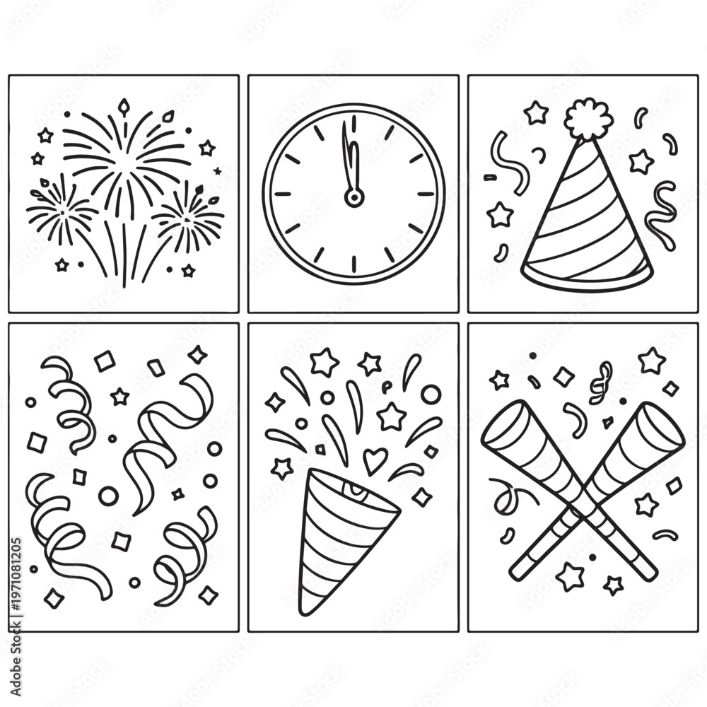 Fototapeta premium Six black and white line of party celebration fireworks clock