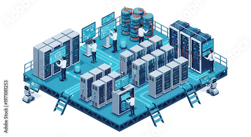 Isometric data center, server room, blue and gray infrastructure, IT facility, network operations