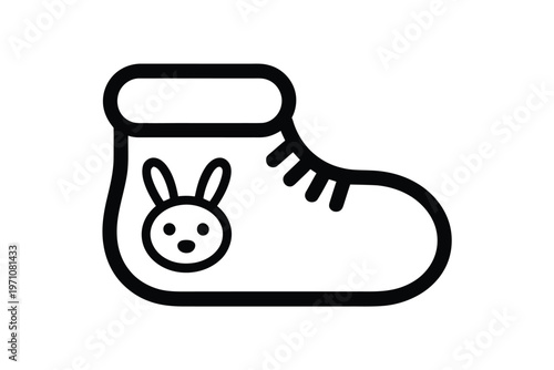 A simple black and white illustration of a baby bootie with a cute bunny face