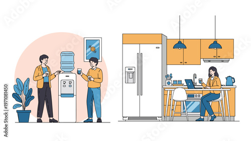 Office employees taking a break while talking by a water cooler and a woman working in a modern office kitchen area on her laptop.