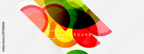 Abstract colorful overlapping shapes create modern background. Bright hues blend, forming dynamic visual composition.