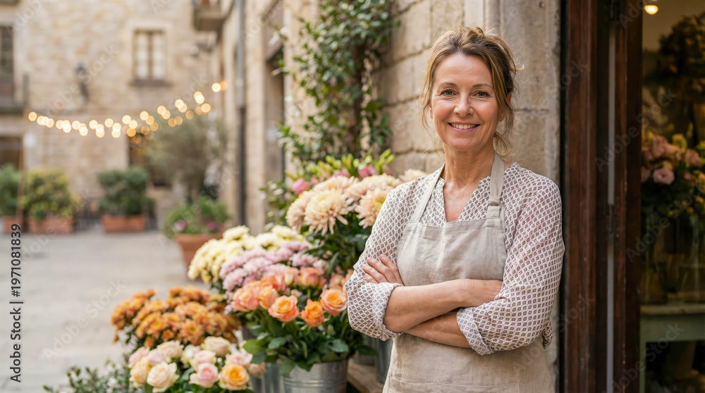 Fototapeta premium Florist standing confidently outside a charming flower shop, surrounded by vibrant blooms and greenery, showcasing passion for floral artistry and customer service
