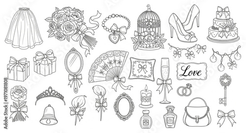 Collection of Hand-Drawn Wedding and Love Themed Elements.