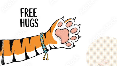 Friendly tiger paw wearing a colorful bracelet waving next to free hugs text, suitable for warm and welcoming greeting cards.
