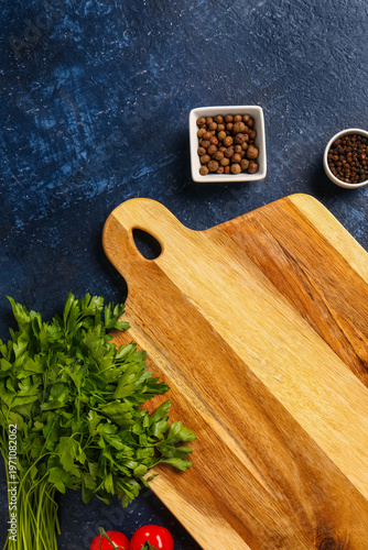 Wooden cutting board, spice...