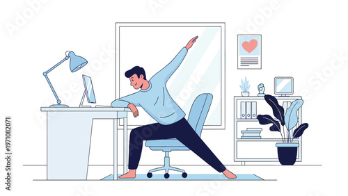 Man practicing yoga stretches in a chair while working at his desk in a bright and modern office environment to maintain health.